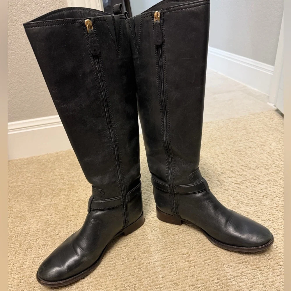 Tory Burch Black Leather Over-the-Knee Boots with Gold Logo